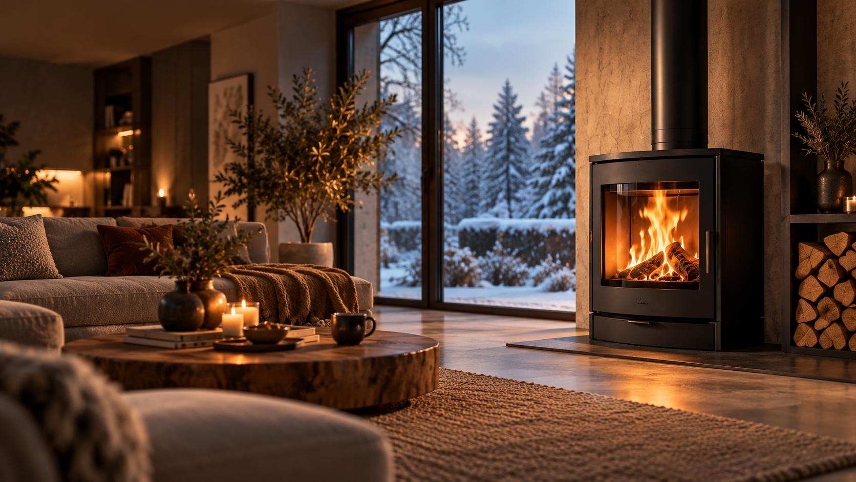 Sfeervolle houtkachel in een warm interieur